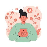 Woman using tablet surrounded by cryptocurrency symbols bitcoin ethereum digital finance concept illustration vector