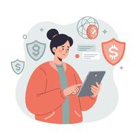 Woman Using Tablet with Currency and Security Icons Financial Technology and Digital Money Concept Illustration vector