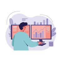 Data analyst monitoring business charts and graphs on dual computer screens with teal and purple tones illustration vector