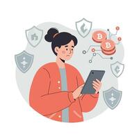 Young woman using tablet with bitcoin and digital security icons technology concept illustration vector