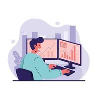Man working with dual computer monitors showing rising financial graphs and data analysis in modern office setting vector