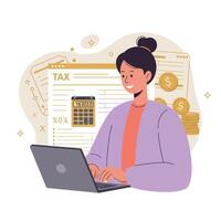 Woman calculating tax using laptop and calculator with financial documents and coins illustration vector