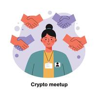 Woman attending crypto meetup with handshake symbols representing networking and agreement in illustration vector