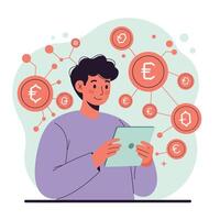 Young person using tablet with euro currency network connection and digital finance concept illustration vector
