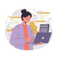Woman calculating tax payments using laptop and calculator with floating money coins and tax forms illustration vector