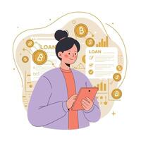 Woman using tablet managing bitcoin loans and cryptocurrency financial data in digital illustration vector