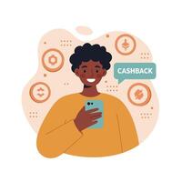 Young man using smartphone for cashback rewards and digital savings illustration with orange tones and happy expression vector