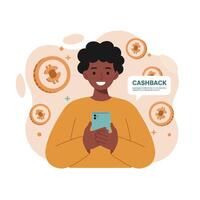 Young man using smartphone for cashback rewards digital money concept with coins and happy expression illustration vector
