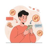 Young man using smartphone with dogecoin cryptocurrency icons and digital communication concepts illustration vector