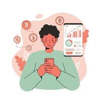 Young man using smartphone for cryptocurrency and financial data analysis illustration vector