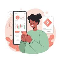 Woman analyzing data on smartphone with charts and graphs in mobile app interface illustration vector