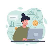 Woman using computer with cryptocurrency bitcoin icons digital technology and data analysis illustration vector