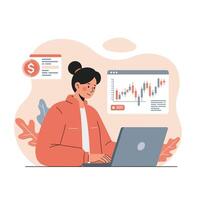 Woman analyzing financial data on laptop with charts and money icon in modern workspace illustration vector