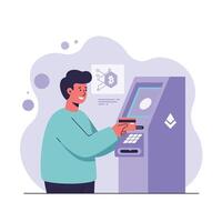 Man Using Cryptocurrency ATM Machine for Bitcoin and Ethereum Transactions in Modern Setting vector