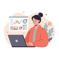 Woman analyzing financial data on laptop with charts and dollar signs in workspace illustration vector