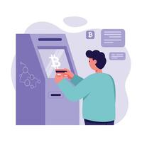 Person Using Bitcoin ATM Machine for Cryptocurrency Transactions in Modern Digital Finance Environment vector