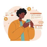 Young man reading cryptocurrency news on smartphone with bitcoin icons and data charts illustration vector