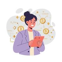 Woman using tablet surrounded by cryptocurrency bitcoin and dollar symbols in digital network illustration vector
