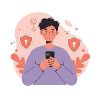 Young man using smartphone with data protection and cybersecurity shield icons secure technology concept illustration vector