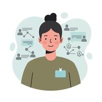 Female scientist exploring molecular structures and chemical connections with green background illustration vector
