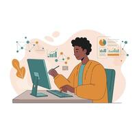Young man working on computer with data analysis charts and graphs in modern office environment illustration vector