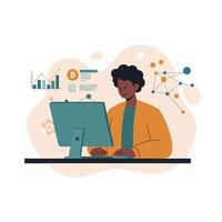 Young man working on computer analyzing cryptocurrency data and blockchain network illustration vector