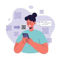 Young woman scanning QR codes on smartphone with digital communication and technology elements illustration vector