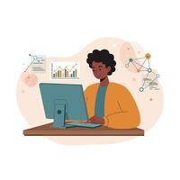 Person working on desktop computer analyzing data charts and graphs in office environment illustration vector