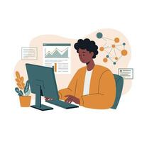 Young man analyzing data and working on computer with charts and graphs in modern office environment illustration vector