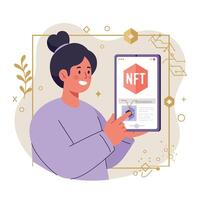 Woman holding digital tablet displaying NFT cryptocurrency blockchain concept in modern flat style illustration vector