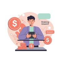 Man using tablet with digital staking reward concept and coins illustration in modern flat style vector