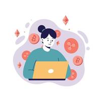 Woman using laptop surrounded by cryptocurrency icons including bitcoin, ethereum, and ripple digital currency symbols in illustration vector