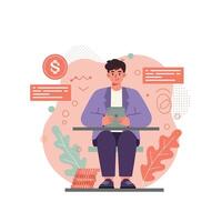 Businessman using tablet for digital financial transactions with dollar symbol and financial data illustration vector