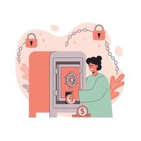Person securing money coins into safe with locks and chains security concept illustration in coral green colors vector