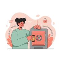 Person securing valuables in safe deposit box with lock and chain background illustration vector
