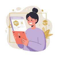 Young woman using tablet and exploring NFT digital assets in technology environment illustration vector