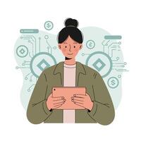 Woman using tablet with digital currency network interface technology concept illustration vector