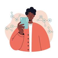 Young person holding smartphone with digital currency icons and blockchain network connections illustration vector