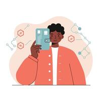 Person holding mobile device with scientific molecular structures in background technology and communication concept vector