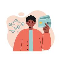 Young person holding credit card with digital network connection concept for online payment security and technology illustration vector