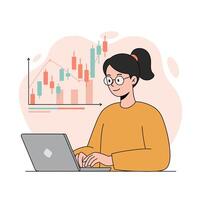 Woman analyzing stock market data on laptop with rising graph and candlestick chart in modern flat design illustration vector