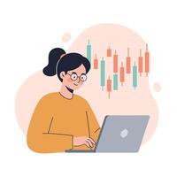 Woman working on laptop with stock market graph and financial data in background illustration vector