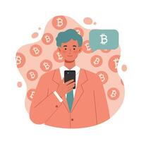 Man using smartphone for bitcoin cryptocurrency digital currency transaction illustration in coral and teal colors vector