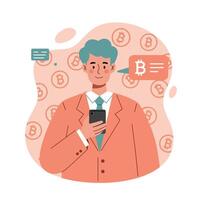 Businessman using smartphone for cryptocurrency bitcoin communication and finance concept illustration vector