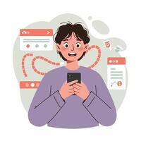 Young person using smartphone for finance and technology interaction in digital environment illustration vector