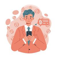 Businessman using smartphone with bitcoin digital currency icons around in illustration vector