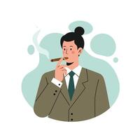 Man in brown suit smoking cigar with green tie illustration with green background circle vector
