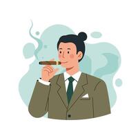 Man smoking cigar in suit with green tie and pocket square illustration in flat style vector