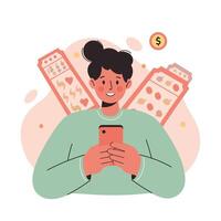 Young person using smartphone for online financial transactions with tall buildings in background illustration vector