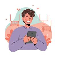 Young man using tablet with football goalposts background digital leisure technology illustration vector